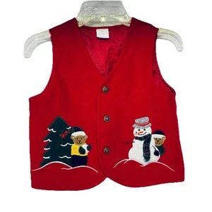 Vintage Girl's Red Button Up Fleece Christmas Vest w Snowman and Bear Size 6 - Picture 1 of 3