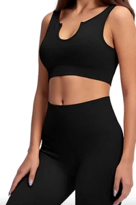 2 Piece Ribbed Seamless Yoga Workout Set Women 2 Piece Yoga Outfit- Small Black - Picture 1 of 7