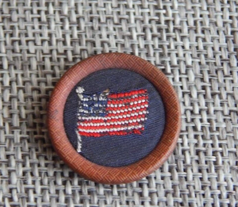 Antique Vtg Cloth set in Metal Button  Needle Point Flag ~Apx: 7/8"~#1516-B Cover
