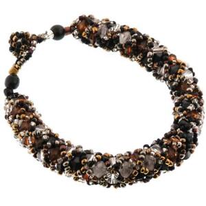 Wide Sparkling Brass Pewter Black Glass Seed Beads Bicone Bracelet, 1/2"
