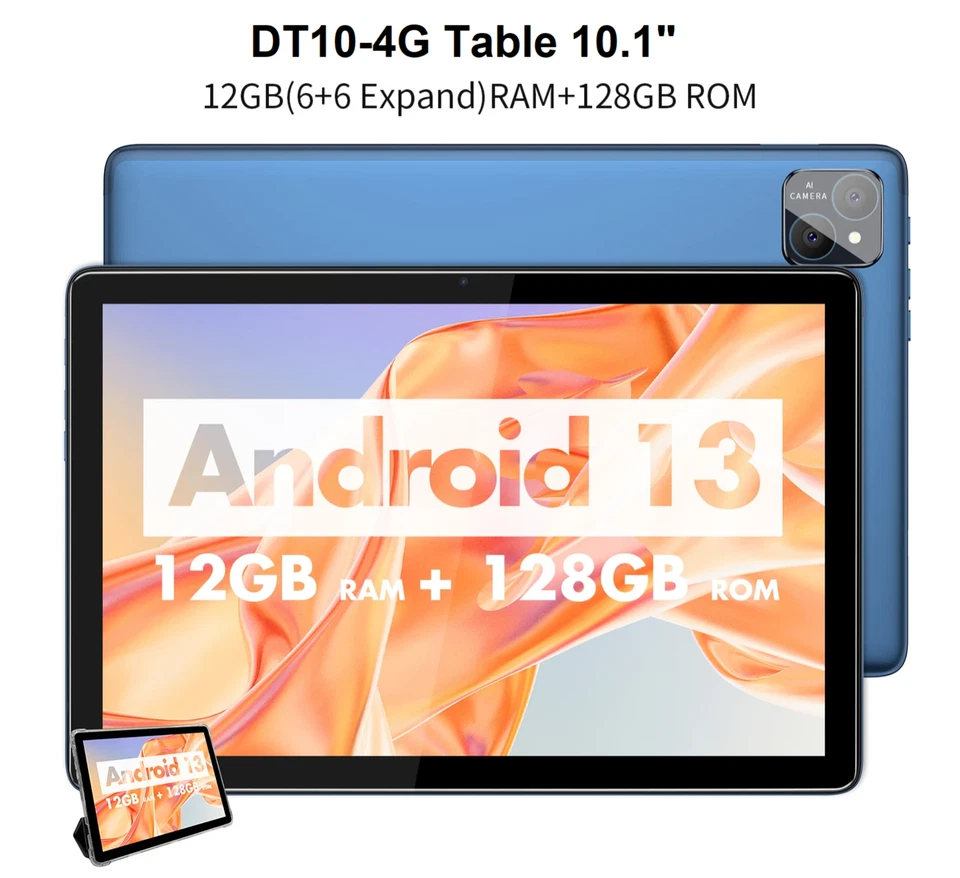 NEW 10.1-inch Android Tablets 12G/128GB Dual Camera 4G LTE Bluetooth WIFI-Blue - Image 1 of 4