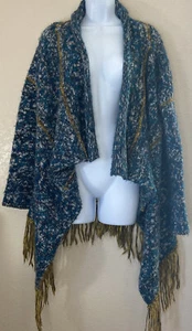 hazel Womens Sweater Shawl Dark Teal Black Gold Stripe Fringe Bohemian Sz Small - Picture 1 of 3