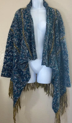 Suéter chal avellana para mujer verde azulado oscuro negro dorado rayas flecos bohemio talla pequeña Foto 1 de 3