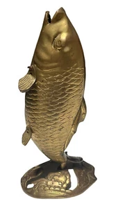 Vintage MidCentury Leaping Bass Koi Fish Solid Brass Statue Figurine Trophy - Picture 1 of 6