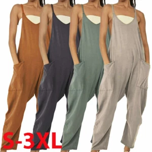 Womens Strappy Overalls Bib Pants Ladies Casual Loose Jumpsuit Romper Bodysuit + - Picture 1 of 27