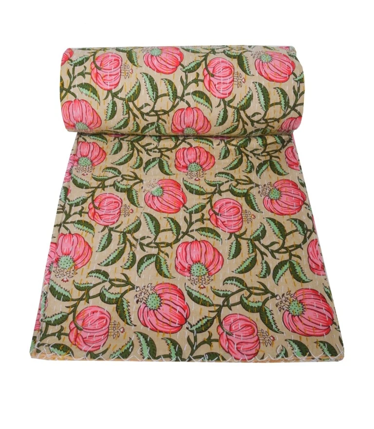 Colcha Kantha de algodón indio hecha a mano manta tamaño doble/grande amarilla Foto 1 de 4