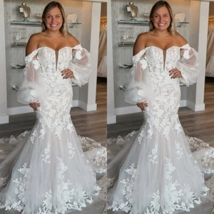 Mermaid Wedding Dresses Off Shoulder Puff Sleeves Dreamy Tulle Bridal Gowns - Picture 1 of 15