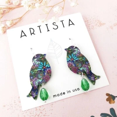 Pendientes Artista Tropical Púrpura Multicolor Floral Pájaro con Cuentas Verdes Únicos Foto 1 de 3