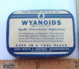 WYANOIDS~WYETH HEMORRHOIDAL SUPPOSITIRIES~VINTAGE TIN~JOHN WYETH & BROTHER INC - Picture 1 of 4