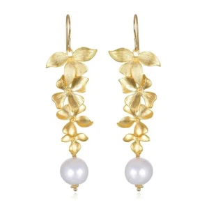 Baroque Pearl 14k Gold Filled Floral Orchid Earrings Dangles 3" - Afbeelding 1 van 1