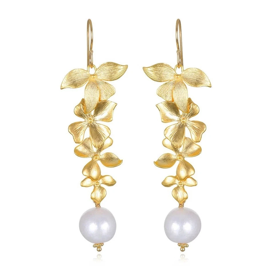 Baroque Pearl 14k Gold Filled Floral Orchid Earrings Dangles 3" - Image 1 of 1