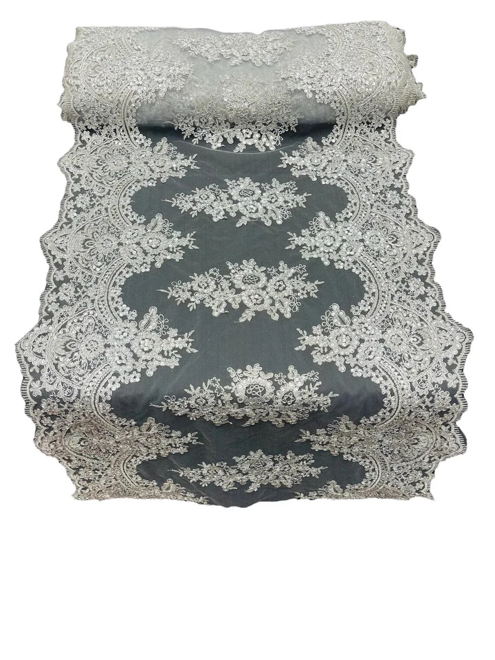 21" Wide Floral Metallic Pattern Lace Table Runner for Event Decor By Yard - Image 1 of 1