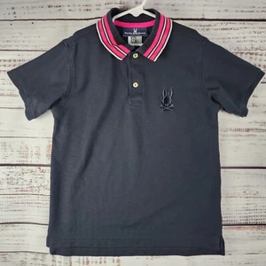 Psycho Bunny Boys Polo Shirt L Navy Pink Striped Collar Pima Cotton Short Sleeve - Picture 1 of 8