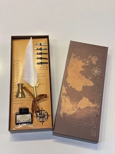 Vintage Feather Quill Pen Set with Ink and Nibs – Elegant Writing Set Box - Picture 1 of 7