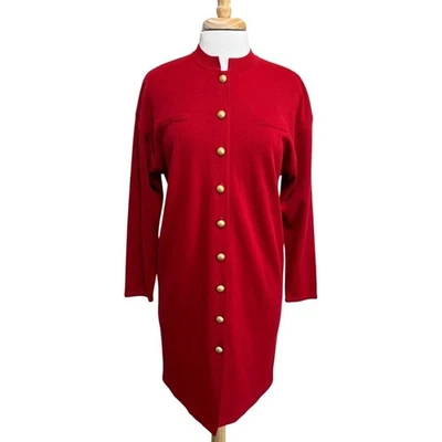 Vestido recto vintage años 90 Liz Claiborne rojo mezcla lana elástico dorado abotonado PM Foto 1 de 4