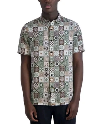 Karl Lagerfield Paris Men's Slim Fit Medallion Print Short Sleeve Button Large — 第 1/4 张图片