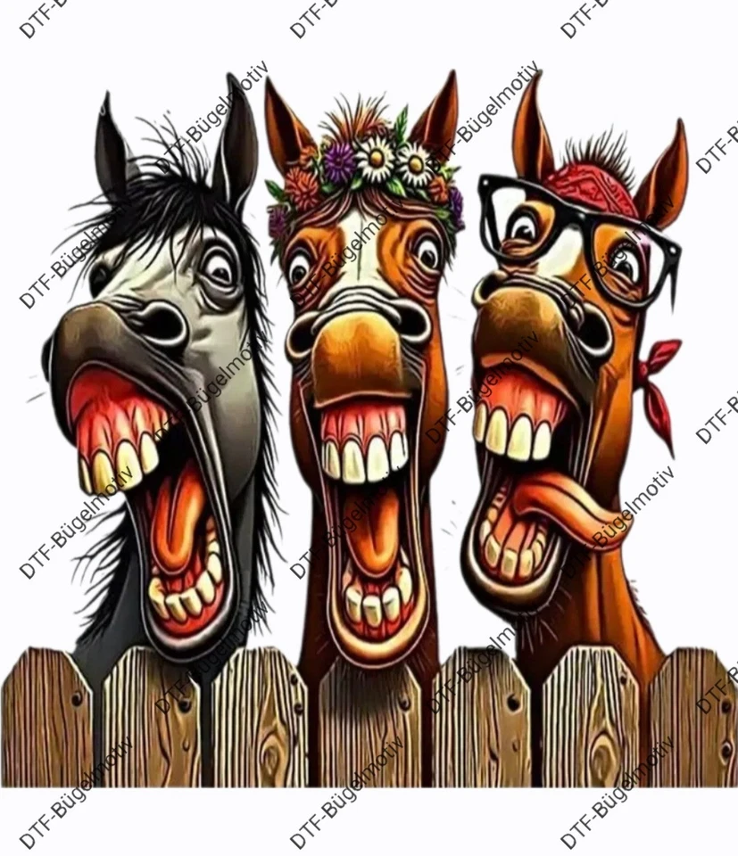 Bügelbild ca. 20x20 cm Verrückte Pferde DTF-Transferdruck Aufbügler - Bild 1 von 1