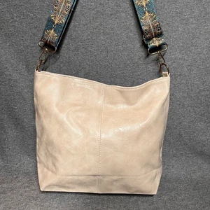 Women's Beige Faux Leather Hobo Shoulder Bag Boho Wide Strap Crossbody - Picture 1 of 6