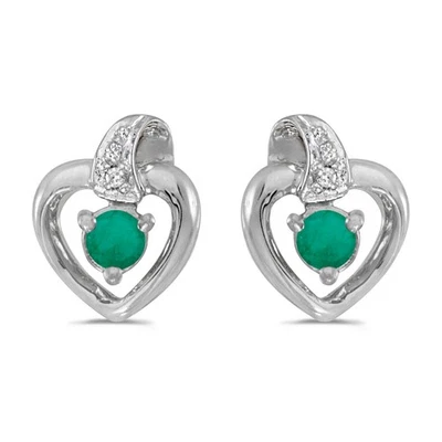 LXR 14k Weißgold Rund Smaragd und Diamant Herz Ohrringe 0.18 - Bild 1 von 2