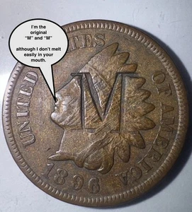 COOL, RARER 1896 INDIAN HEAD PENNY COUNTERSTAMPED "M" on Both Sides Nice Coin - Picture 1 of 7