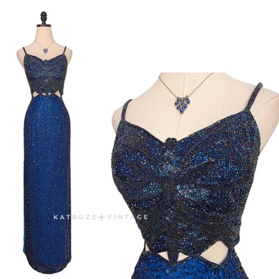 Vintage Prom Dress Maxi Gown M Blue Y2K Butterfly Bead Cut Out Iridescent Long - Image 1 of 4