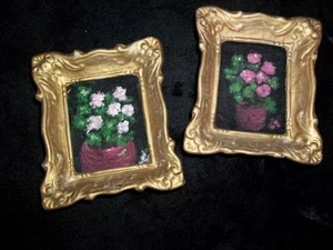 Vtg Mid Century Black Velvet Floral Vase Bowl Painting Framed Wall Art Set 4" - Picture 1 of 9