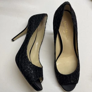 Enzo Angiolini EAMAIVEN Black Glitter Stiletto Open Toe Pump Sz 8 M High Heel - Picture 1 of 10