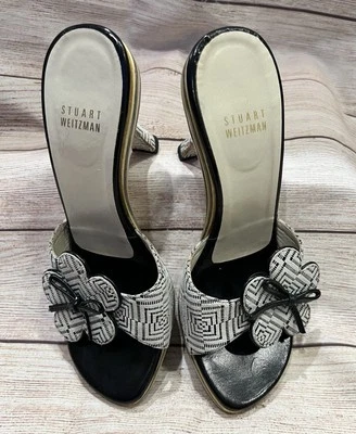 Stuart Weitzman Black & White Leather Daisy Flower & Wood Slides 5/6 - Image 1 of 4