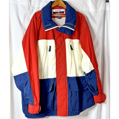 Chaqueta Regatta Hombre Grande Vela Cremallera Completa Rojo Blanco Azul Estampado Bloque Capucha Forrada Foto 1 de 4
