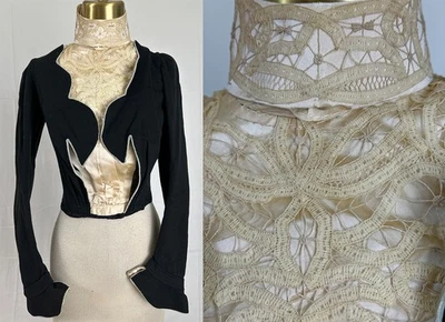 Corpiño Victoriano Corte Negro Lana Marfil Seda Cinta Battenberg Encaje Cuello Alto Foto 1 de 3