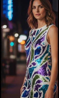 Женское вечернее платье Adrienne Vittadini 80-90-е разноцветные блестки размер 2 - Изображение 1 из 4