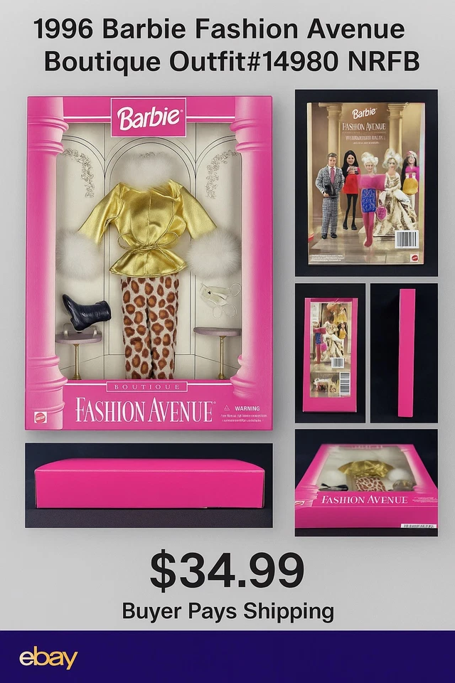 Vintage1996BarbieFashionAvenueBoutique GoldJacketLeopard Pants Accessories NRFB - Image 1 of 4