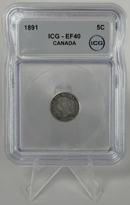 1891 CANADA 5 Cent Queen Victoria Silver ICG EF40 Obverse #2 - 9/9 Variety Rare - Image 1 of 4