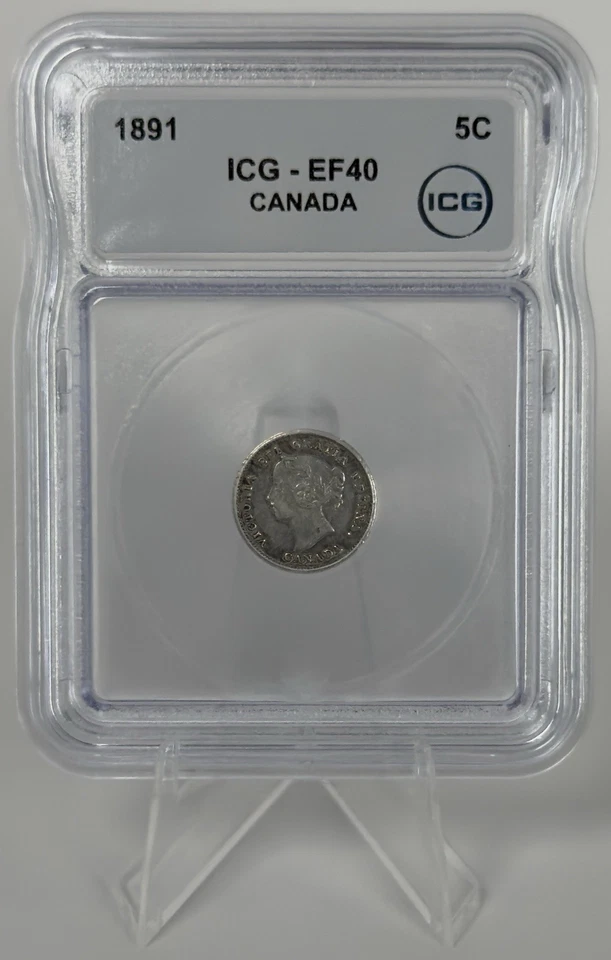 1891 CANADA 5 Cent Queen Victoria Silver ICG EF40 Obverse #2 - 9/9 Variety Rare - Image 1 of 4