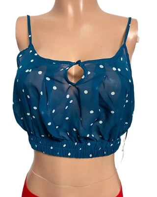 Y2K Blue Dotted Chiffon Smocked stretchy Waist button close Crop Top NWTS Hip - Image 1 of 4