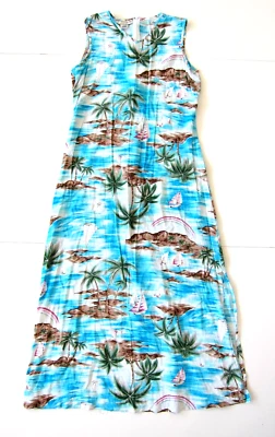 Maxi Vestido Evan-Picono Rayón Azul Blanco Rosa Barco Hawaiano Floral Largo Tanque 10 Foto 1 de 4