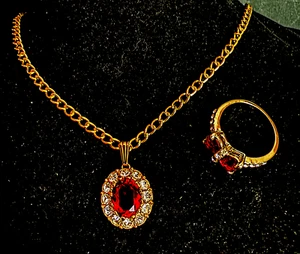 Vintage GP Faux Ruby / Crystal Small Pendant on Link Chain + Matching Ring - Picture 1 of 9
