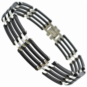 Rochet Roma Linked Stainless Steel & Black Carbon Composite Mens Bracelet  - Picture 1 of 4