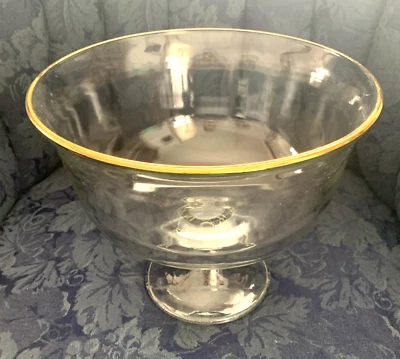 Heavy Glass Trifle Fruit Compote Large 9 1/2” Diameter ~ 8” Tall Gold Rim Bowl - Image 1 of 4