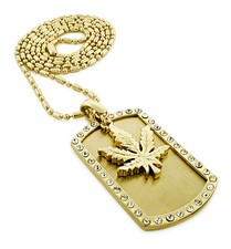 Leaf 30" HipHop DogTag Necklace 813 +Yellow Gold Plated Micropaved Marijuana Pot