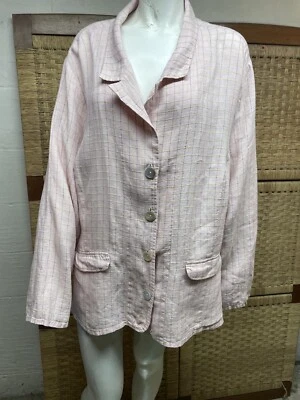 Chaqueta FLAX Lituania Rosa Suave Rayas 100% Lino Cuello con Muescas Abotonada Talla 3G Foto 1 de 4