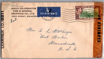 JAMAICA 1940 SEGUNDA GUERRA MUNDIAL DOBLE CENSURA CORREO AÉREO CUBIERTA ADDR EE. UU. CANC KINGSTON Foto 1 de 2