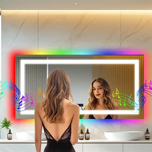 Overlength Rectangle RGB LED Bathroom Mirror w/ Bluetooth Speaker Vanity Mirror - Picture 1 of 22