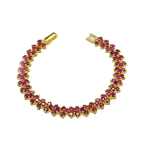 1 PC RUBY BRACELET LUXURY YELLOW GOLD PLATED 3 ROWS SAFE LOCK 6.5 INCHES 24K - Picture 1 of 2