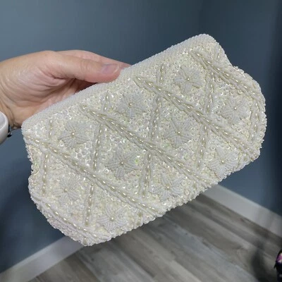 Cartera de noche vintage con cuentas oro blanco broche de cadena Hong Kong novia de doble cara Foto 1 de 4