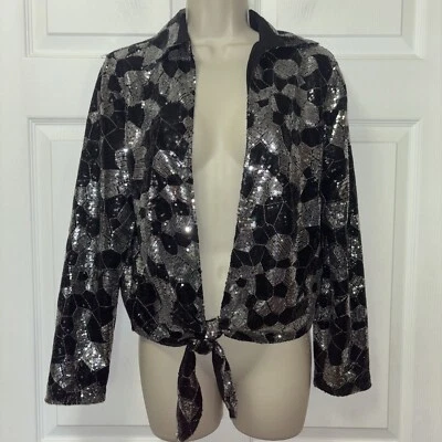Chaqueta de Noche Chicos Frente Abierto Lentejuelas Talla 0 Twilight Dazzle LS Corbata Negra Plateada Foto 1 de 4