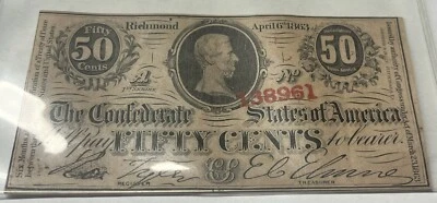 1863 50c CENTS CONFEDERATE STATES OF AMERICA NOTE Type 63 Uncirculated - Image 1 of 2