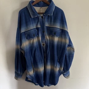 FREE PEOPLE Shirt Jacket Pockets Womens Sz Lg Oversize Ruby Deep Sea Blue Stripe - Picture 1 of 15