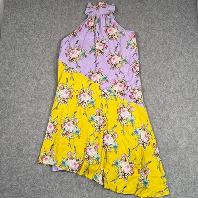 Anthropologie Purple Yellow Floral Silk Sleeveless Asymmetrical Dress Women's L - Image 1 of 4
