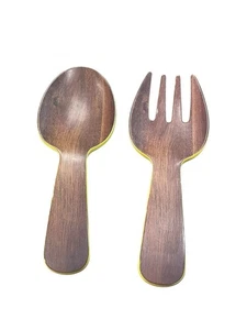 Vintage Salad Servers Decorative Cutlery Yellow Wood Design Spoon Fork Two Piece - Picture 1 of 7